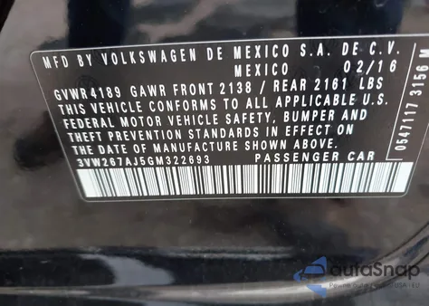 2016 Volkswagen Jetta 1.4T S z USA, uszkodzony, nr VIN 3VW267AJ5GM322693